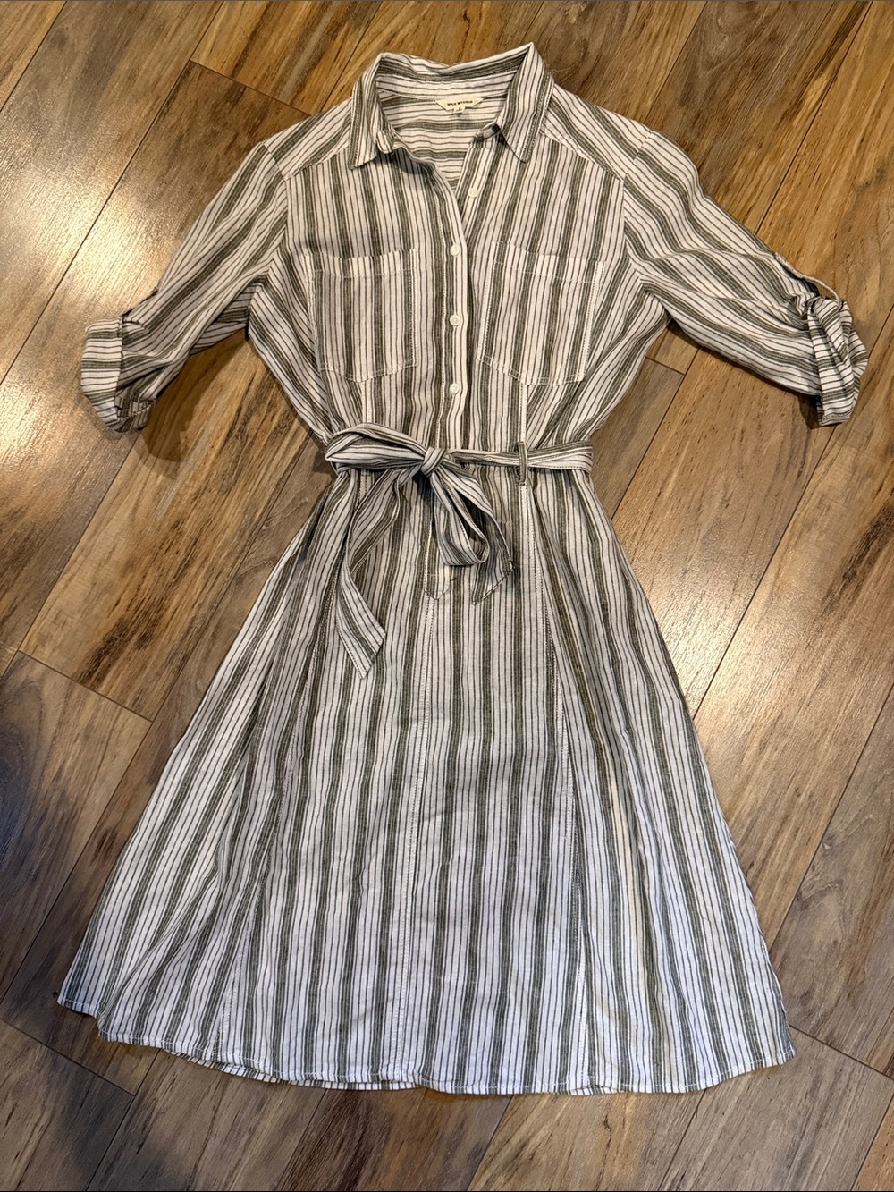 Max Studio Striped Midi Shirt Dress in White and Gray